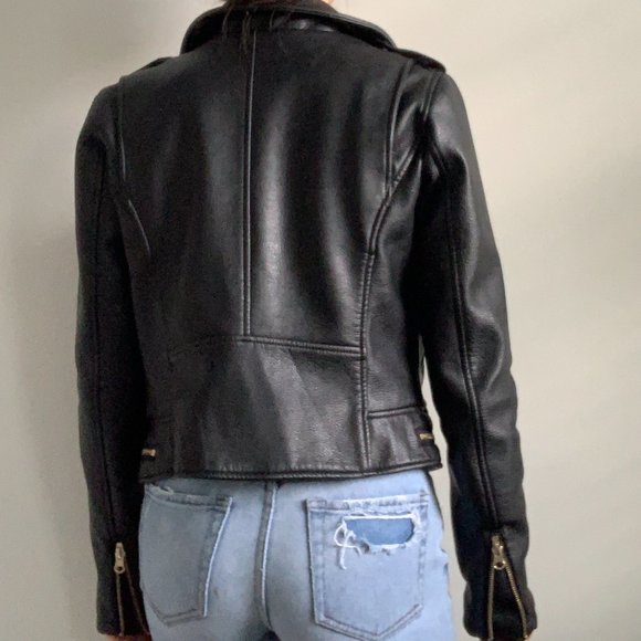 Fully-Lined Vegan Leather Biker Moto Motorcycle Jacket with Gold Zipper Hardware - Picture 10 of 13